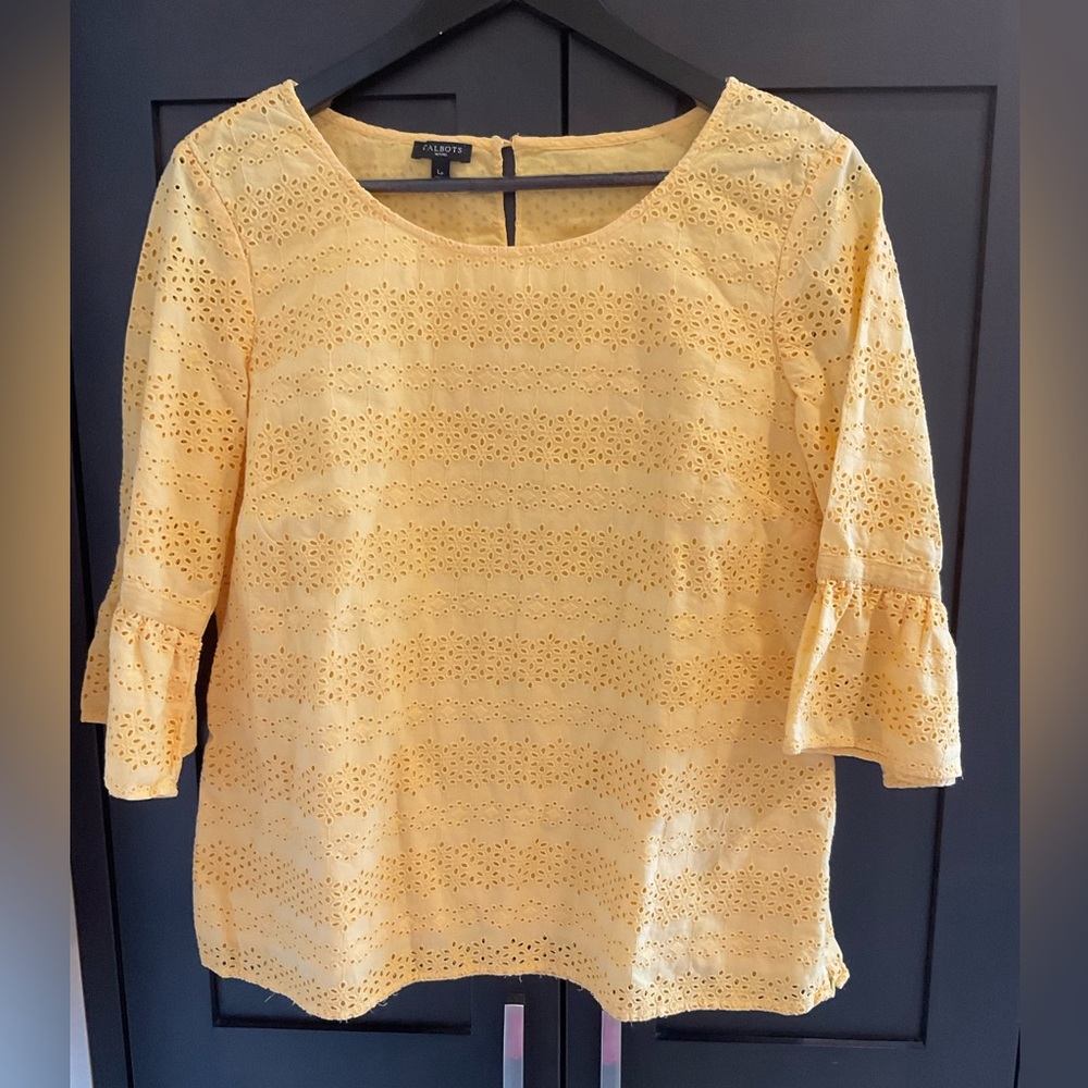 💛  Talbots Yellow Eyelet Lace Flutter 3/4 Sleeve Lined 100% Cotton Blouse Sz Lp